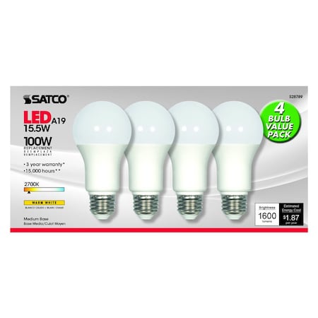 Satco Satco A19 E26 (Medium) LED Bulb Warm White 100 Watt Equivalence 4 pk S28789